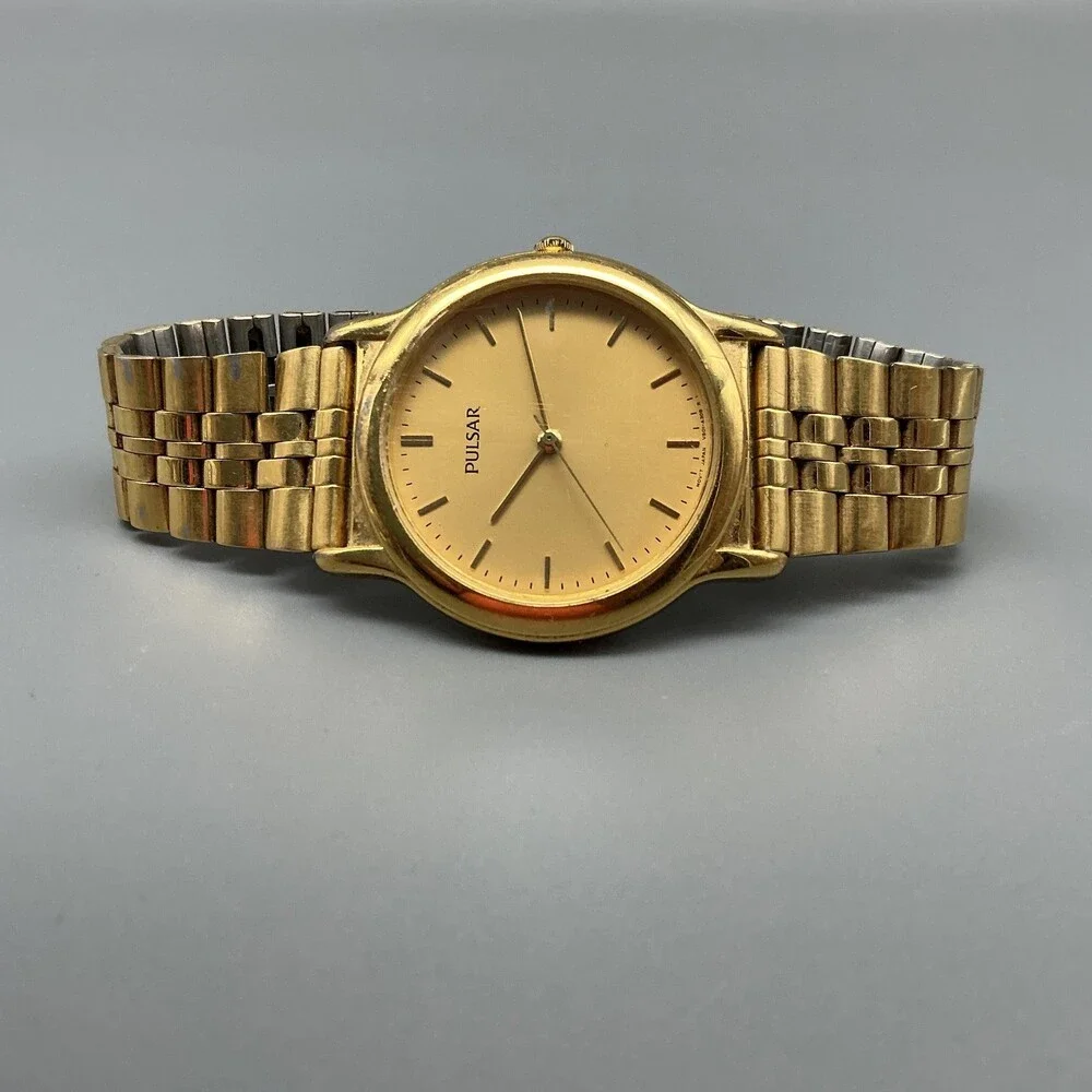 Vintage Pulsar Mens Watch 34mm Gold Tone Round V501-X080 New Battery 7.5